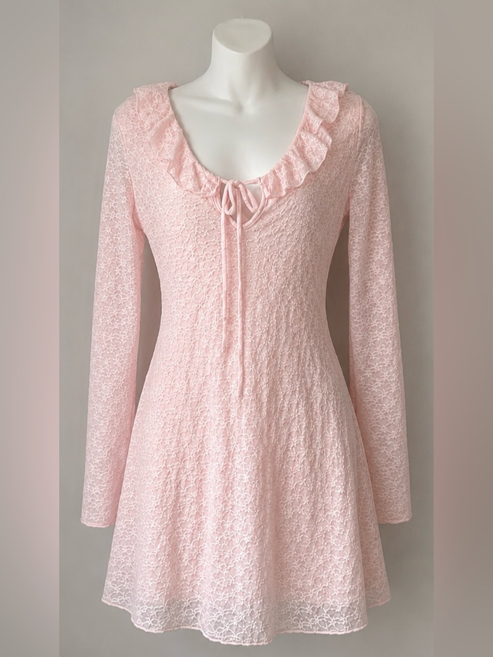 See You Monday Blush Pink Lace Ruffle Neck Mini Dress - Size XS (NWT)